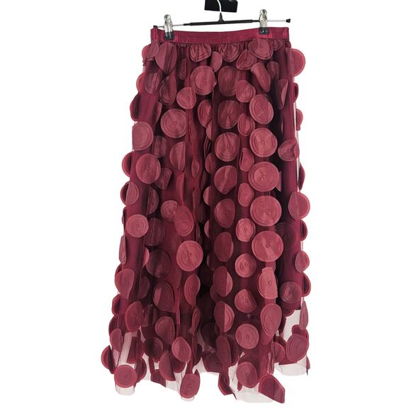 Nikki Lund Kretsa Circle Appliqué Skirt Maroon Polka Dot Midi A-Line NWT Size L - Picture 3 of 7